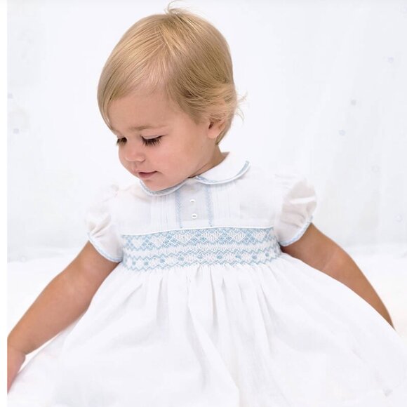 White Smocked Heirloom Dress Blue Embroidery Sarah Louise 3 Months Portrait NWT - Picture 2 of 6